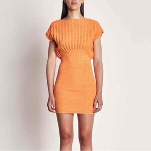 WYNN HAMLYN Accordion Pleated Orange Bateau Mini Dress L